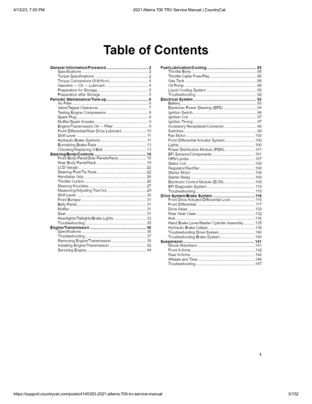 Arctic Cat Alterra TRV700 ATV Service Manual table of contents