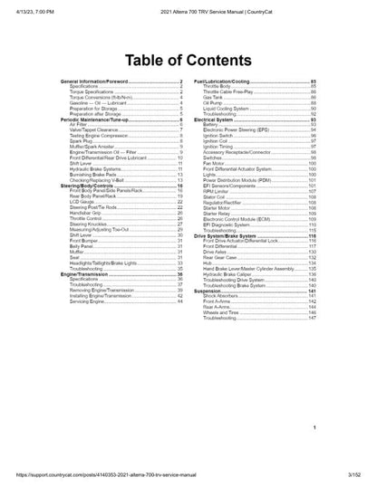 Arctic Cat Alterra TRV700 ATV Service Manual table of contents