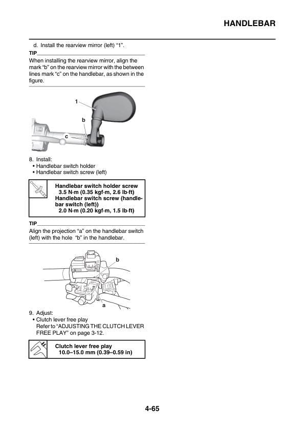 Yamaha XSR900 Motorcycle Service Manual sample page with diagrams and specifications