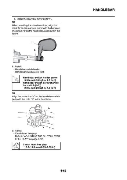 Yamaha XSR900 Motorcycle Service Manual sample page with diagrams and specifications