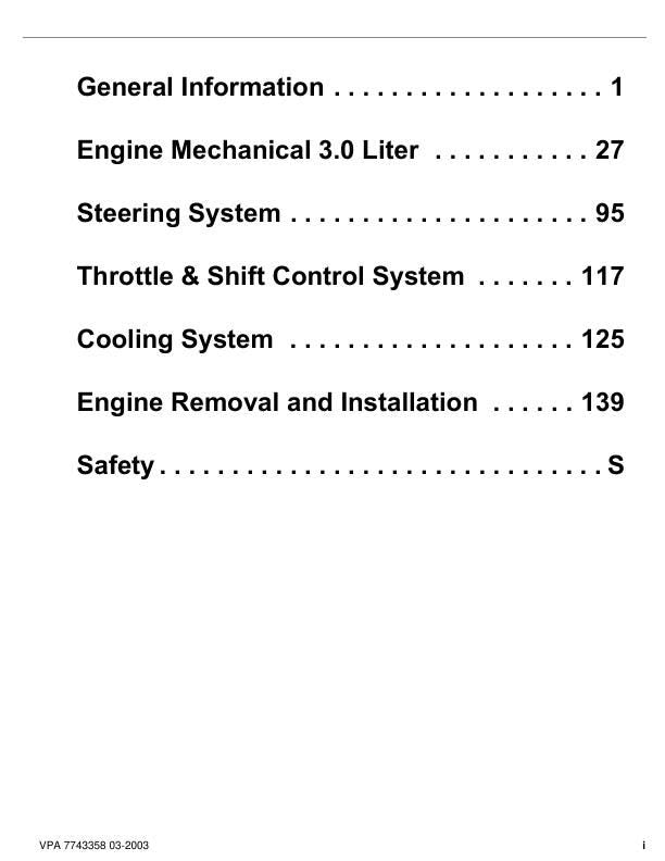 Volvo Penta 3.0 GS GL Engine Service Manual table of contents