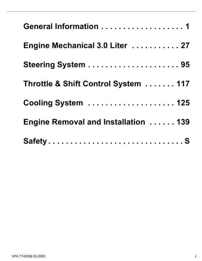 Volvo Penta 3.0 GS GL Engine Service Manual table of contents