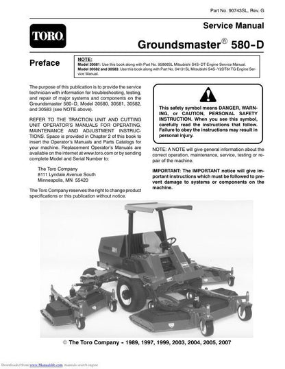 Toro Groundsmaster 580 D Mower Service Manual factory service manual title page
