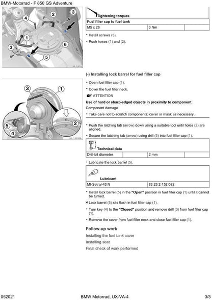 BMW F 850 GS Adventure K82 Service Manual sample page with diagrams and specifications