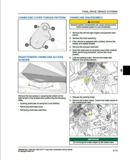 Polaris AXYS 850 Snowmobile Service Manual sample page with diagrams and specifications