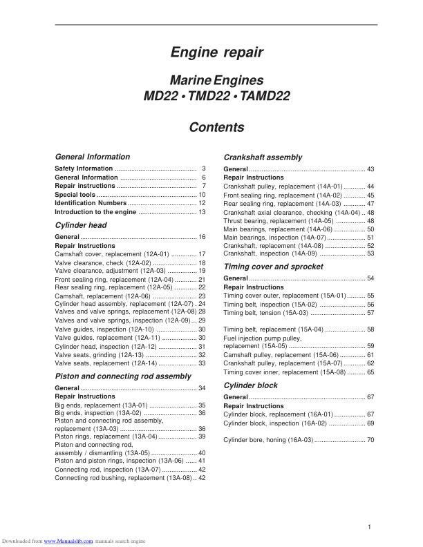 Volvo Penta MD22 TMF22 TAMD22 Engine Service Manual table of contents
