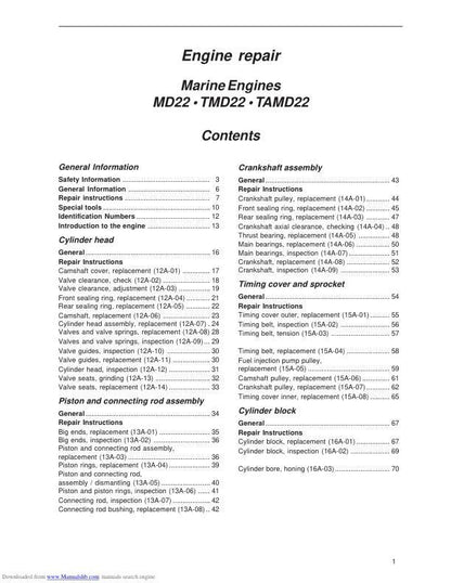 Volvo Penta MD22 TMF22 TAMD22 Engine Service Manual table of contents