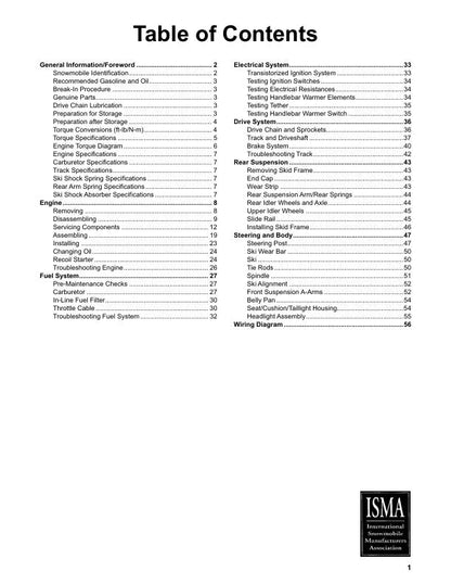 Arctic Cat ZR 120 Kitty Cat Snowmobile Service Manual table of contents