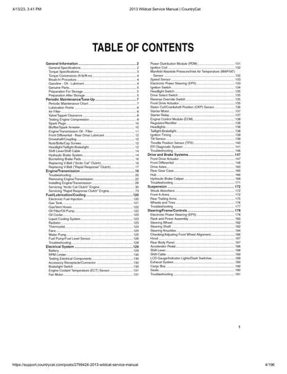 Arctic Cat Wildcat X UTV Service Manual table of contents