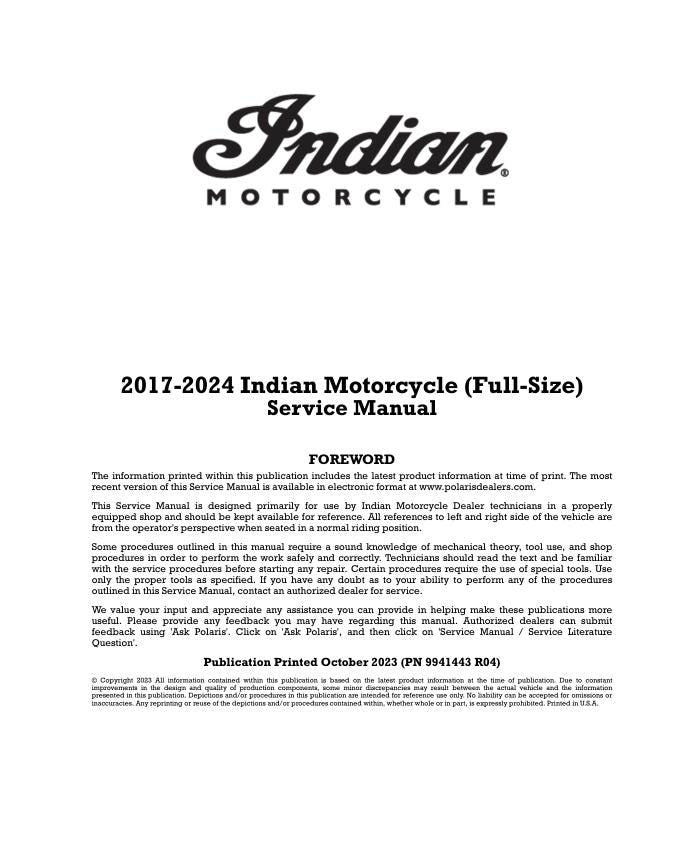 Indian Chief Chieftain Roadmaster Springfield Full Size Motorcycle factory service manual title page