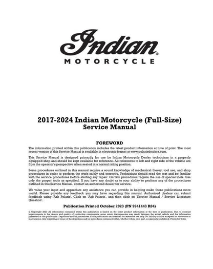 Indian Chief Chieftain Roadmaster Springfield Full Size Motorcycle factory service manual title page