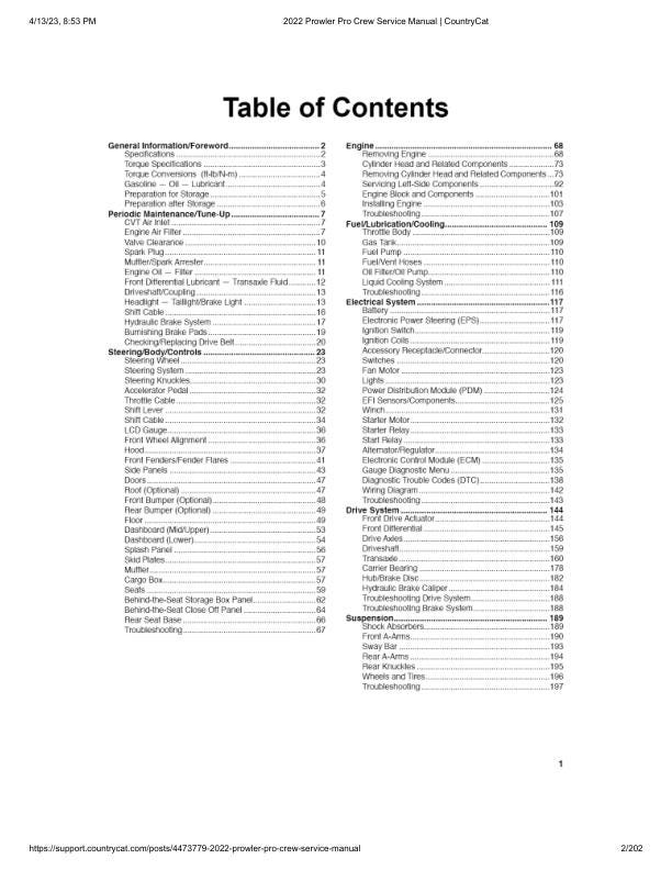 Arctic Cat Prowler Pro CREW UTV Service Manual table of contents