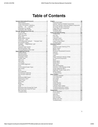 Arctic Cat Prowler Pro CREW UTV Service Manual table of contents
