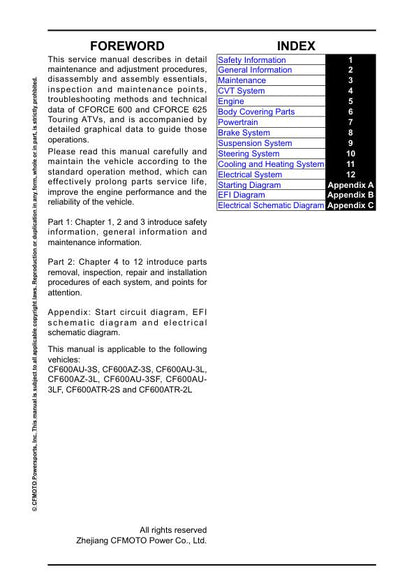 CFMOTO CFORCE 600 625 ATV Service Manual table of contents