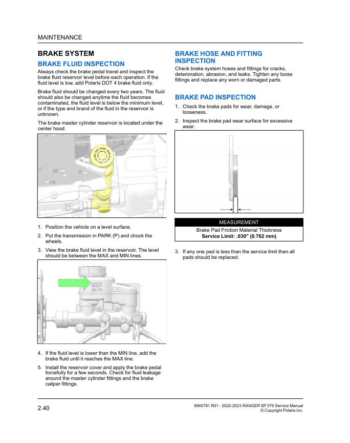 Polaris Ranger SP 570 UTV Service Manual sample page with diagrams and specifications