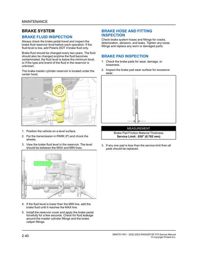 Polaris Ranger SP 570 UTV Service Manual sample page with diagrams and specifications