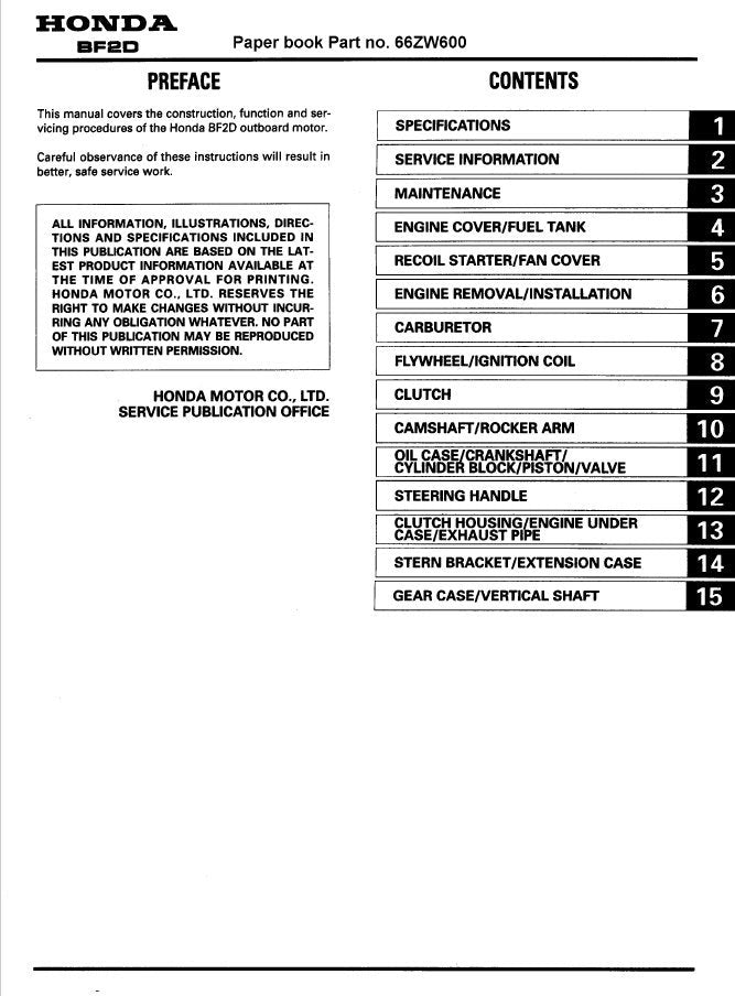 Honda BF2D Service Manual factory service manual title page
