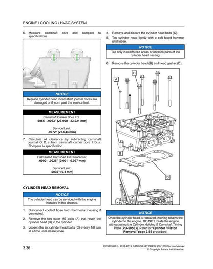 Polaris Ranger 900 1000 XP Crew UTV Service Manual sample page with diagrams and specifications