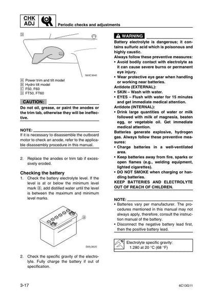Yamaha F50 F60 Outboard Service Manual sample page with diagrams and specifications