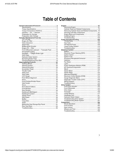 Arctic Cat Prowler Pro CREW UTV Service Manual table of contents