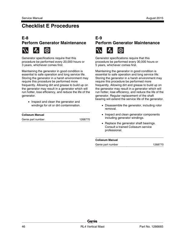 Genie RL 4 Gas Powered Light Tower Service Manual sample page with service data and tables