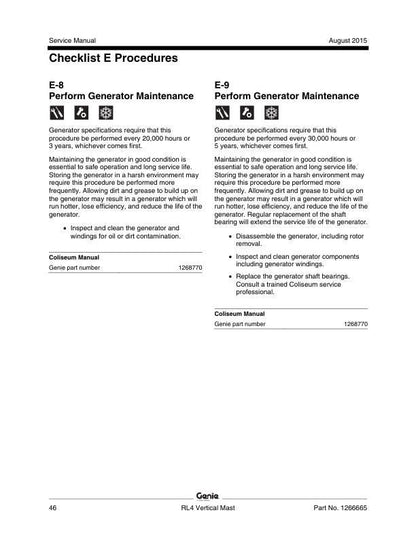 Genie RL 4 Gas Powered Light Tower Service Manual sample page with service data and tables