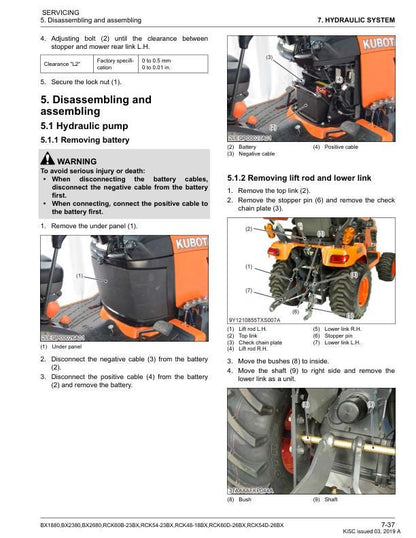 Kubota BX1880 BX2380 BX2680 Tractor Service Manual sample page with service data and tables