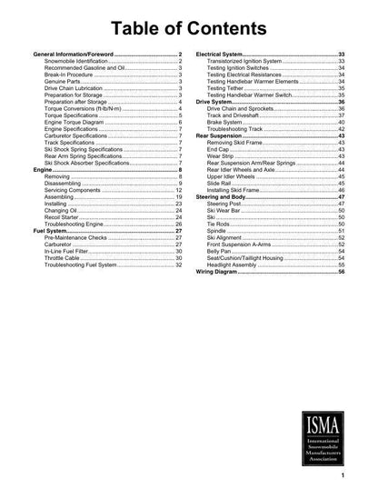 Arctic Cat ZR 120 Kitty Cat Snowmobile Service Manual table of contents