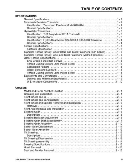 Toro 260 264 265 267 268 269 270 Tractor Service Manual table of contents