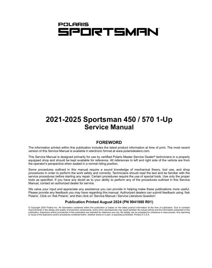 Polaris Sportsman 450 570 ATV Service Manual factory service manual title page