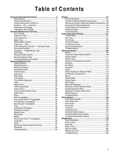 Arctic Cat Prowler Pro 800 UTV Service Manual table of contents