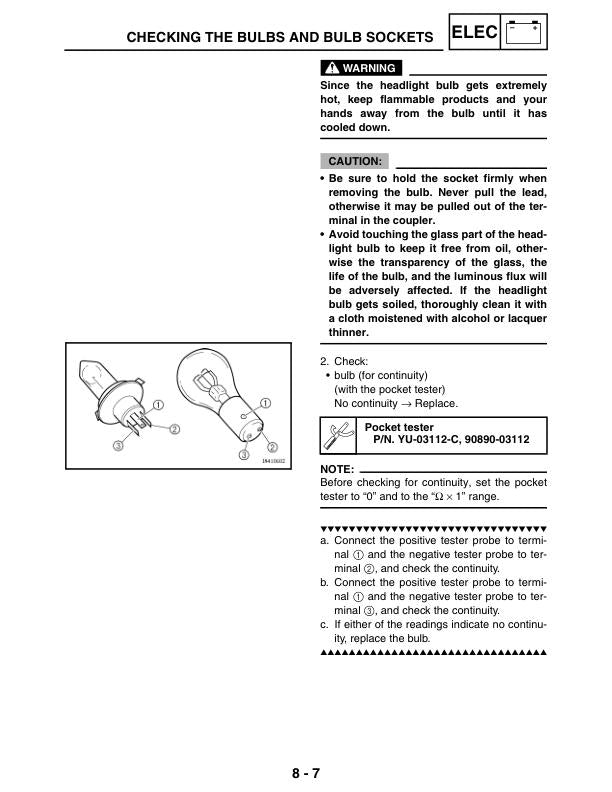 Yamaha YFZ450S Motorcycle Service Manual sample page with service data and tables