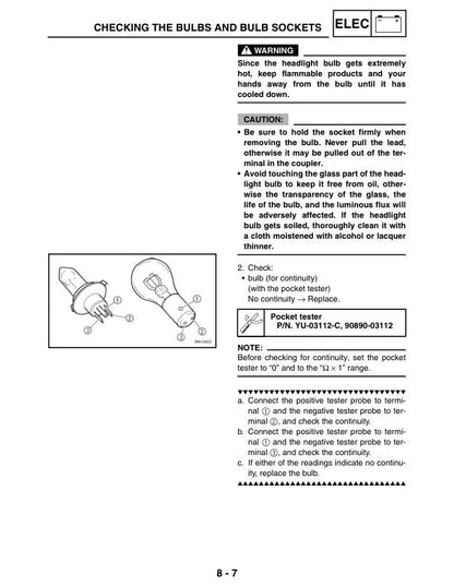 Yamaha YFZ450S Motorcycle Service Manual sample page with service data and tables