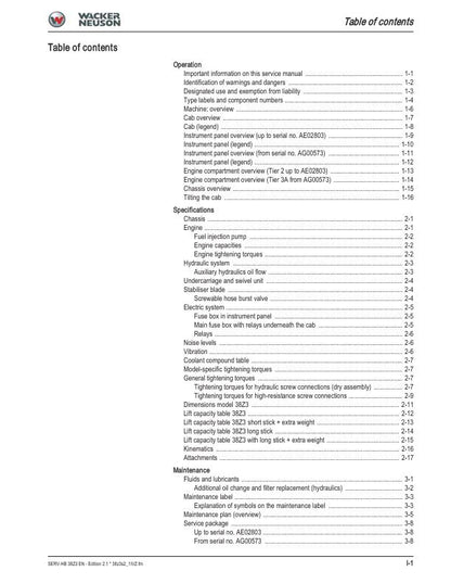 Wacker Neuson 38 Z3 Track Excavator Service Manual table of contents