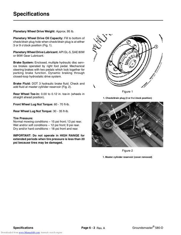 Toro Groundsmaster 580 D Mower Service Manual sample page with service data and tables