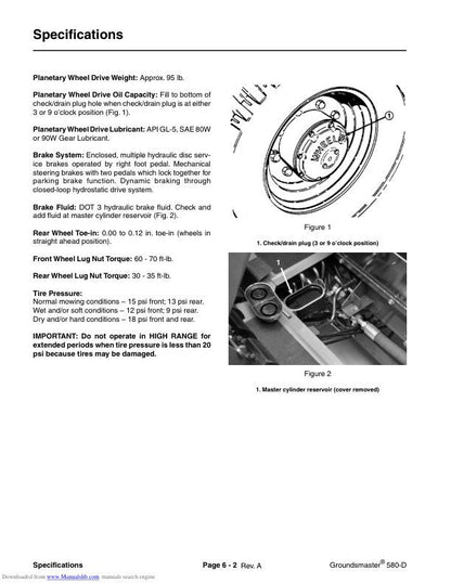 Toro Groundsmaster 580 D Mower Service Manual sample page with service data and tables