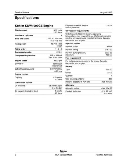 Genie RL 4 Gas Powered Light Tower Service Manual sample page from service manual
