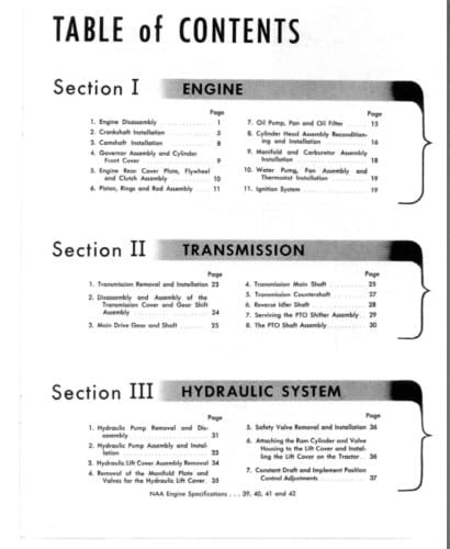 Ford NAA 600 800 2000 4000 Tractor Service Manual table of contents