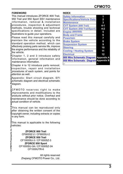 CFMOTO ZFORCE 800 950 Trail Sport UTV Service Manual table of contents