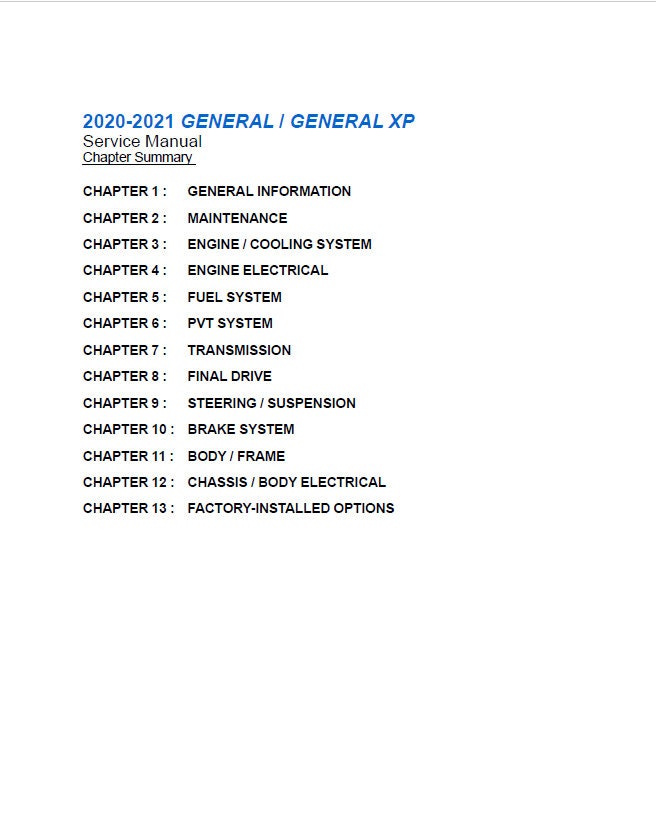 Polaris GENERAL XP XP4 UTV Service Manual table of contents