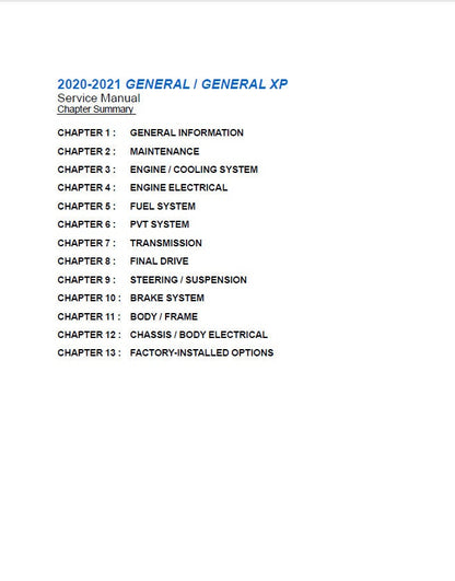 Polaris GENERAL XP XP4 UTV Service Manual table of contents