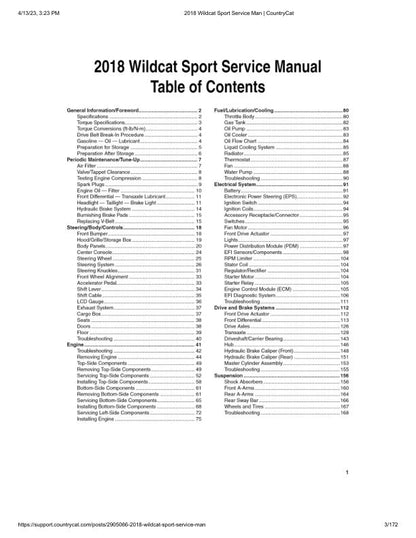 Arctic Cat Wildcat Sport 700 UTV Service Manual table of contents