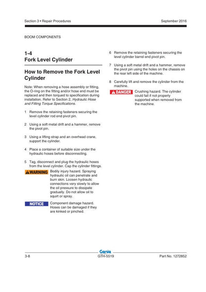 Genie GTH5519 Telehandler Service Manual sample page with diagrams and specifications