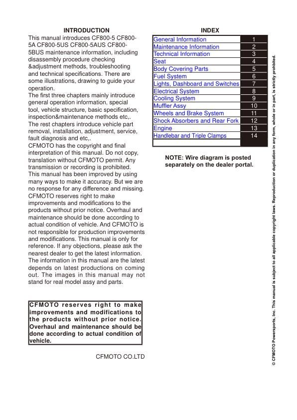 CFMOTO IBEX 800 Service Manual table of contents