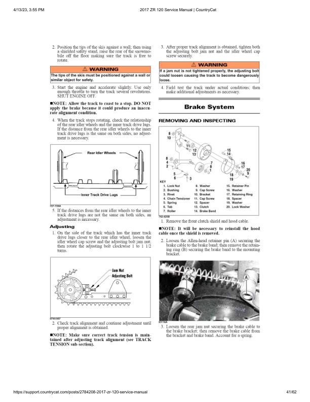 Arctic ZR120 Kitty Cat Snowmobile Service Manual sample page with service data and tables