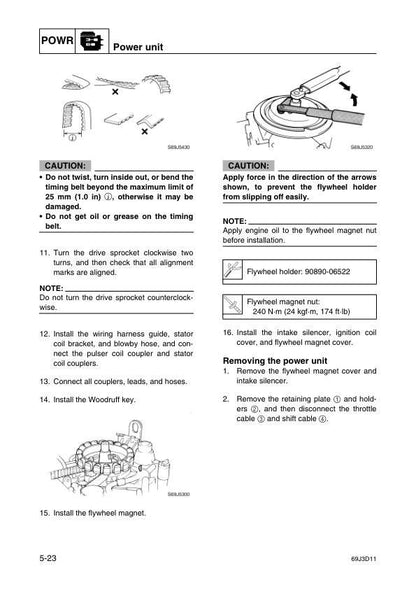 Yamaha F225A FL225A Outboard Service Manual sample page with diagrams and specifications