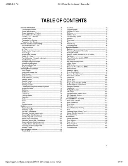 Arctic Cat Wildcat Sport 700 UTV Service Manual table of contents