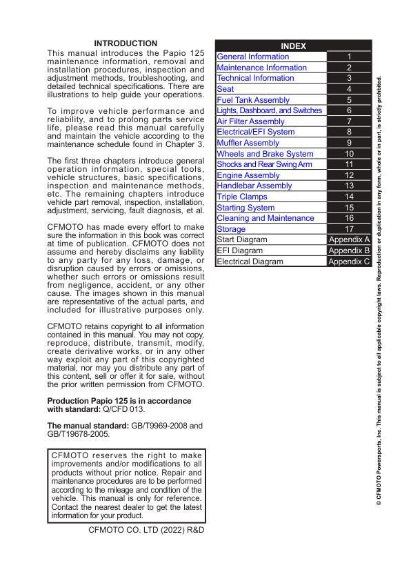 CFMOTO PAPIO 125 Service Manual table of contents