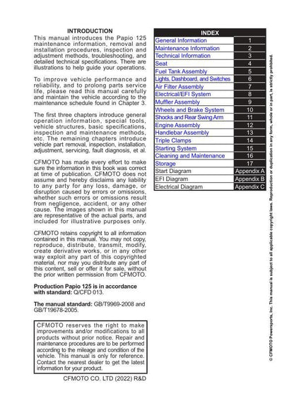 CFMOTO PAPIO 125 Service Manual table of contents