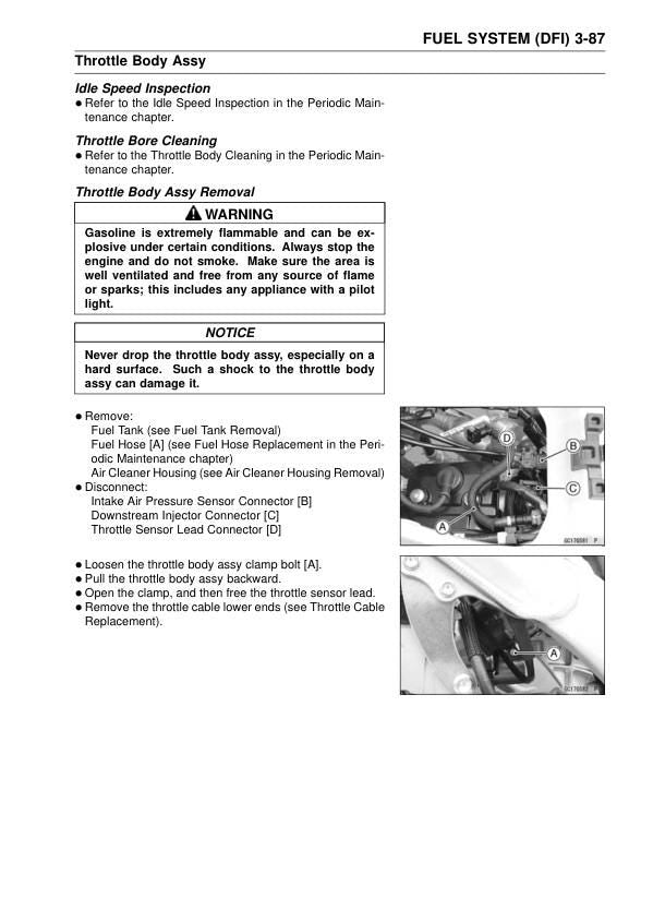 Kawasaki KX 250 KX250F Service Manual sample page with technical illustrations